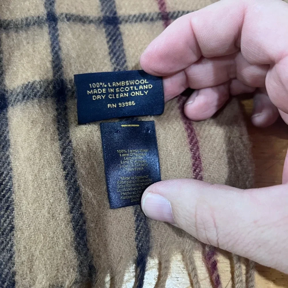 Vtg Brooks Brothers 346 Lambswool Scarf Made in Scotland Plaid Tan Navy‎ Preppy